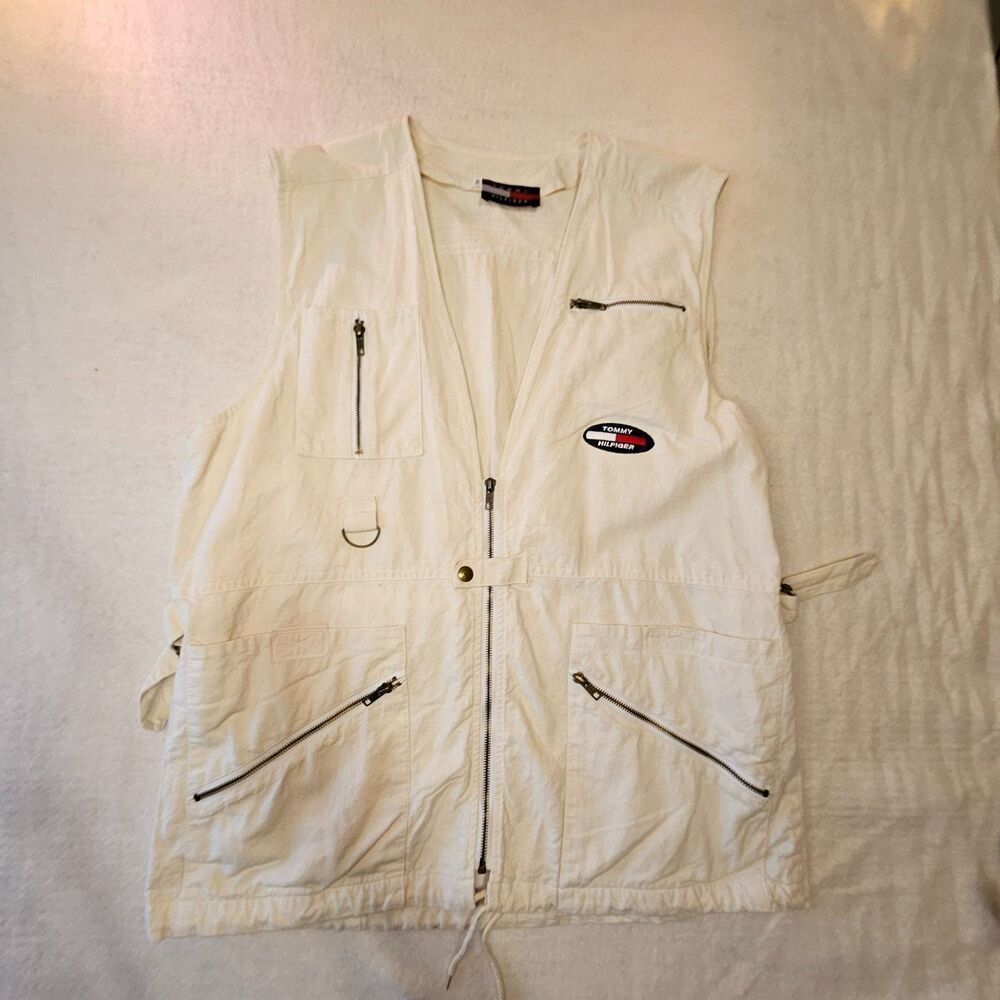 Rare Vintage Tommy Hilfiger Utility Vest XL Cream Gorpcore Streetwear Y2K
